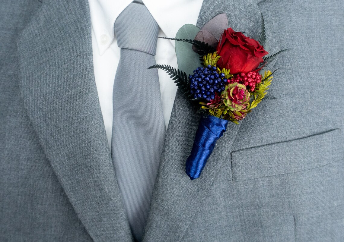 Red rose and navy wedding boutonniere realistic preserved image 1