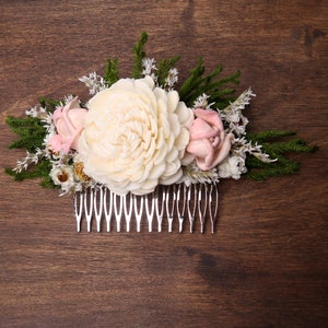 Romantic hair piece bridal accessory HAIR COMB Dried flowers sola Ivory green blush pink rustic woodland wedding cypress greenery burlap image 4