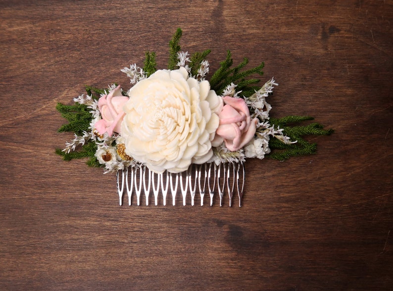 Romantic hair piece bridal accessory HAIR COMB Dried flowers sola Ivory green blush pink rustic woodland wedding cypress greenery burlap image 4