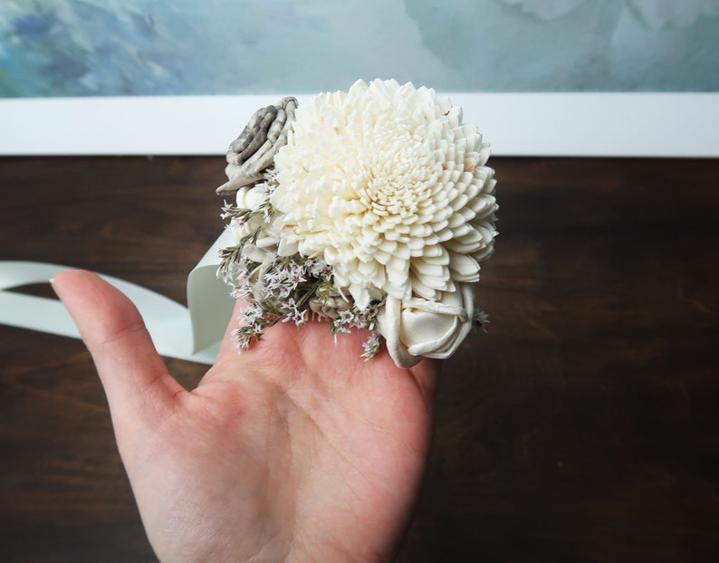 Ivory gray rustic wedding wrist corsage, bridesmaids mothers wooden dried sola flowers image 8