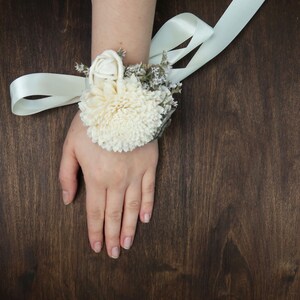 Ivory gray rustic wedding wrist corsage, bridesmaids mothers wooden dried sola flowers image 4