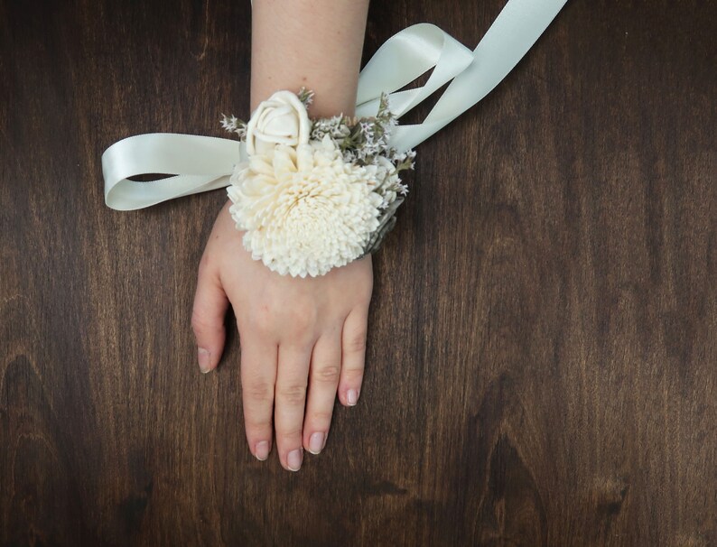 Ivory gray rustic wedding wrist corsage, bridesmaids mothers wooden dried sola flowers image 4