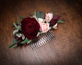 Deep red and blush pink rose hair comb green eucalyptus Alternative bride Burgundy rustic southwestern wedding Sola dried Flowers hair piece