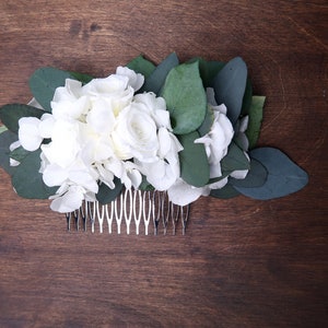 White hydrangea and roses Eucalyptus greenery wedding hair comb Preserved real flowers boho wedding Bridal hairpiece delicate romantic style image 1