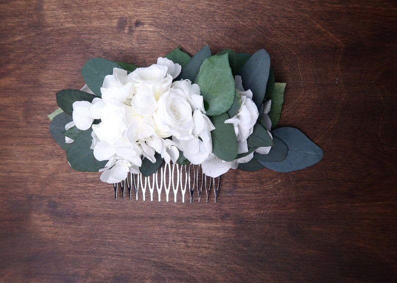 White hydrangea and roses Eucalyptus greenery wedding hair comb Preserved real flowers boho wedding Bridal hairpiece delicate romantic style image 1