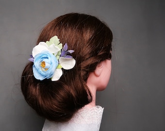 Pastel blue wedding hair pin, white hydrangea pale greenery, rustic silk flowers peony ranunculus dusty miller, hairpiece bridal