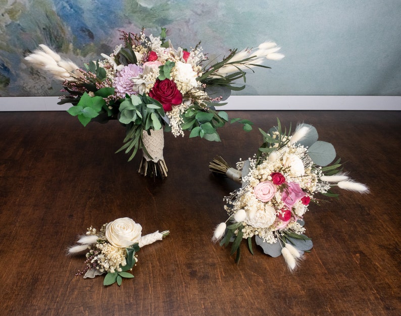 pink lavender ivory sola flowers preserved gypsophila eucalyptus lambs ears greenery heather lace Rustic pastel and deep red bridal bouquet