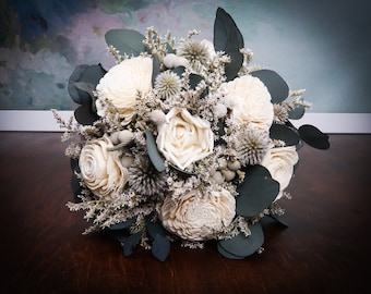 Medium natural boho bridal bridesmaid wedding bouquet blue preserved eucalyptus ivory sola flowers gray brunia echinops silver ribbon winter