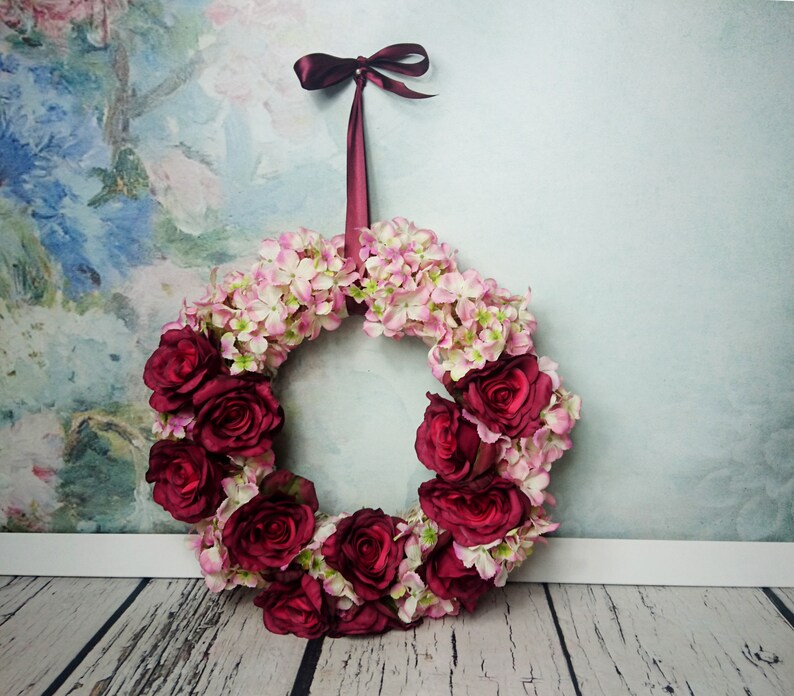 Wedding floral wreath centerpiece hanging backdrop arrangement vintage fall burgundy marsala blush pink roses decor romantic home decor