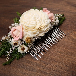 Romantic hair piece bridal accessory HAIR COMB Dried flowers sola Ivory green blush pink rustic woodland wedding cypress greenery burlap image 1