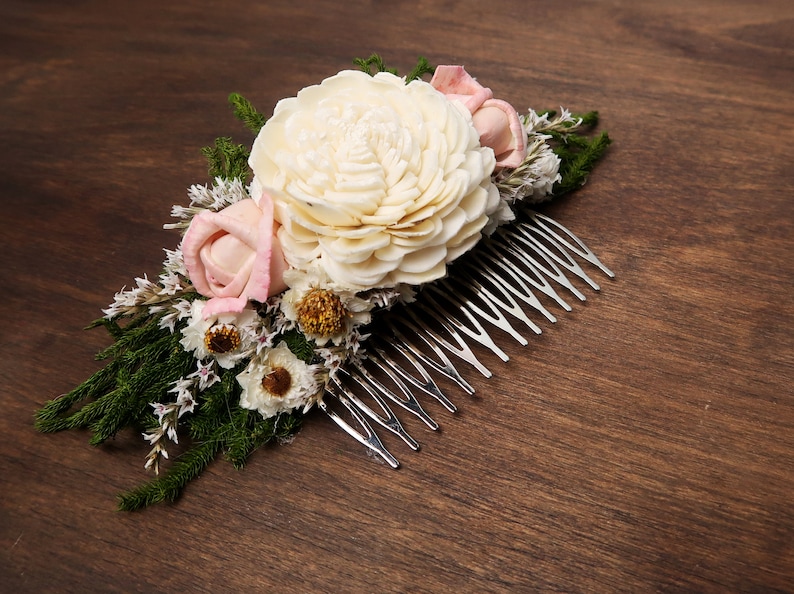 Romantic hair piece bridal accessory HAIR COMB Dried flowers sola Ivory green blush pink rustic woodland wedding cypress greenery burlap image 1