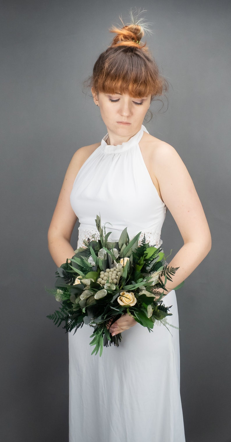 Woodland boho wedding bouquet, champagne real flowers and woodsy greenery eucalyptus ferns, realistic natural floral decoration image 3