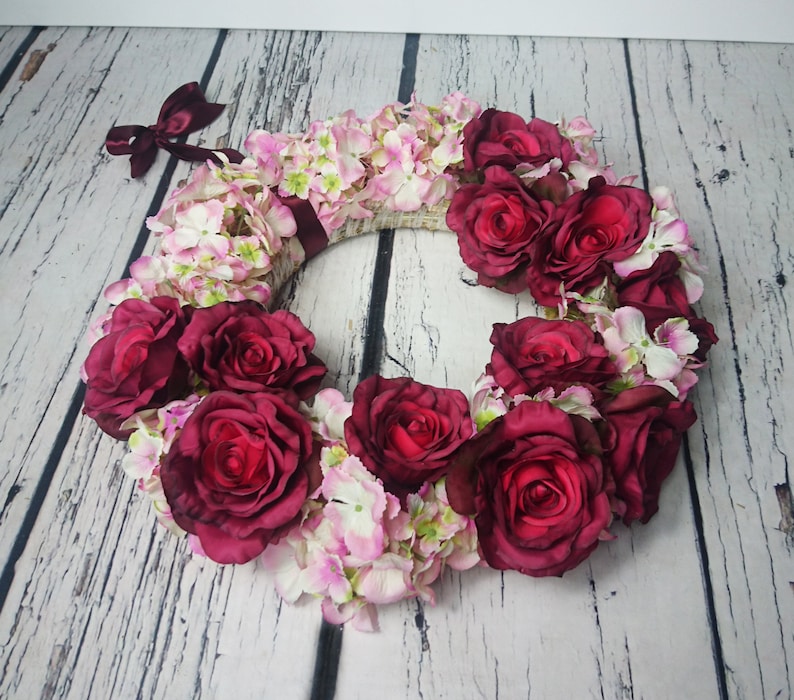 Wedding floral wreath centerpiece hanging backdrop arrangement vintage fall burgundy marsala blush pink roses decor romantic home decor