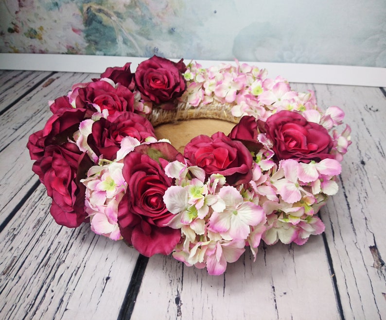 Wedding floral wreath centerpiece hanging backdrop arrangement vintage fall burgundy marsala blush pink roses decor romantic home decor