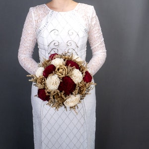 Deep red gold and ivory sola rose flower bouquet, elegant glamour wedding bridal flowers, dried flowers cedar ros, autumn fall wedding