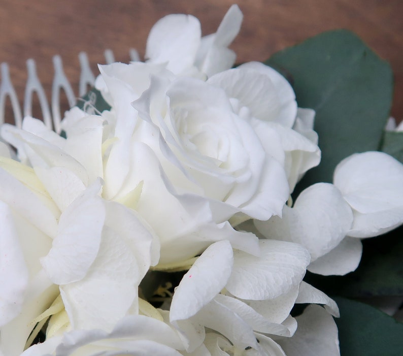 White hydrangea and roses Eucalyptus greenery wedding hair comb Preserved real flowers boho wedding Bridal hairpiece delicate romantic style image 8