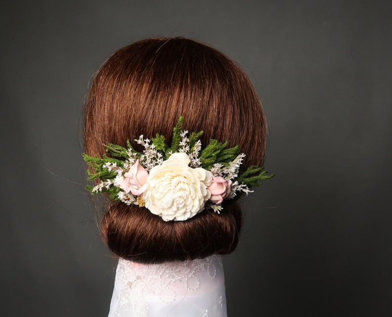 Romantic hair piece bridal accessory HAIR COMB Dried flowers sola Ivory green blush pink rustic woodland wedding cypress greenery burlap image 6