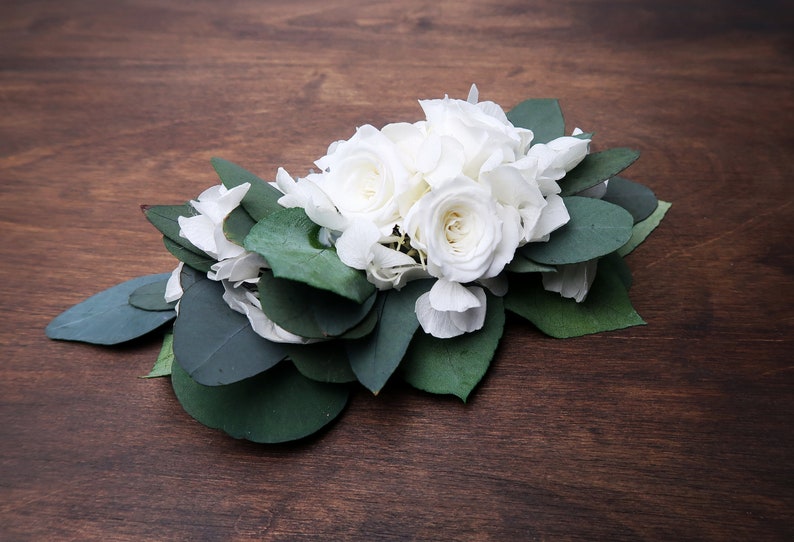 White hydrangea and roses Eucalyptus greenery wedding hair comb Preserved real flowers boho wedding Bridal hairpiece delicate romantic style image 6
