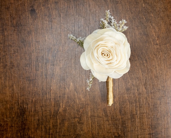 Mini rose gold ribbon and white Rose boutonniere for weddings 