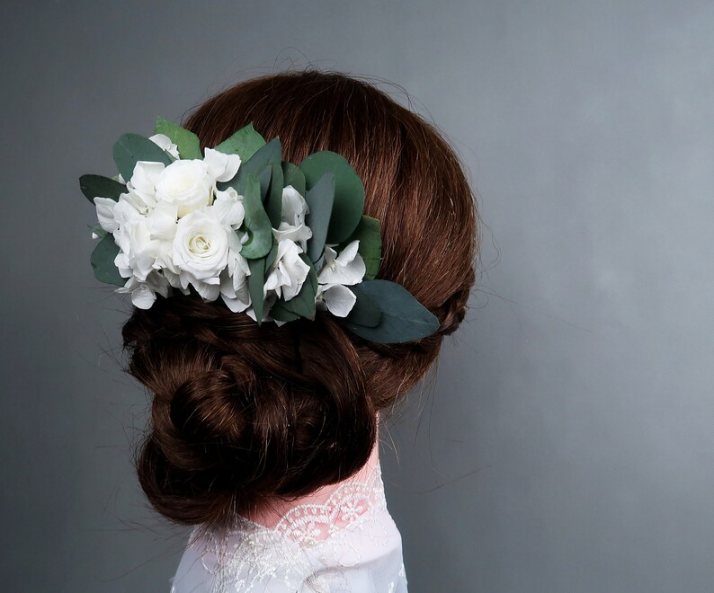 White hydrangea and roses Eucalyptus greenery wedding hair comb Preserved real flowers boho wedding Bridal hairpiece delicate romantic style image 3
