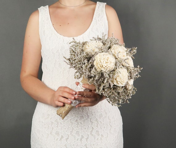 Mariage Rustique Ivoire Grand Bouquet Sola Fleurs Séchées Limonium Toile De Jute Dentelle Perles Mariée Vintage Personnalisé