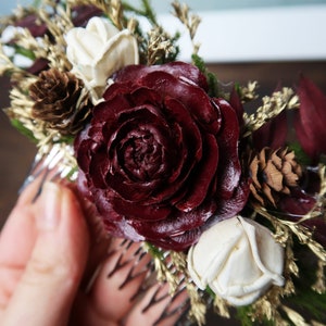 Green burgundy gold HAIR COMB cedar rose sola flowers rustic woodland wedding burlap hair piece bridal accessory image 3