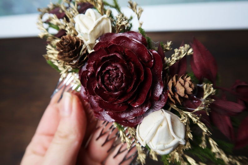 Green burgundy gold HAIR COMB cedar rose sola flowers rustic woodland wedding burlap hair piece bridal accessory image 3