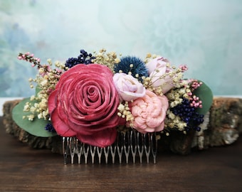 Pink rose bridal hair comb blush dusty pink blue thistle sola flowers preserved eucalyptus gypsophila rice flowers heather vintage boho