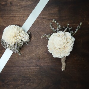 Ivory gray rustic wedding wrist corsage, bridesmaids mothers wooden dried sola flowers image 9