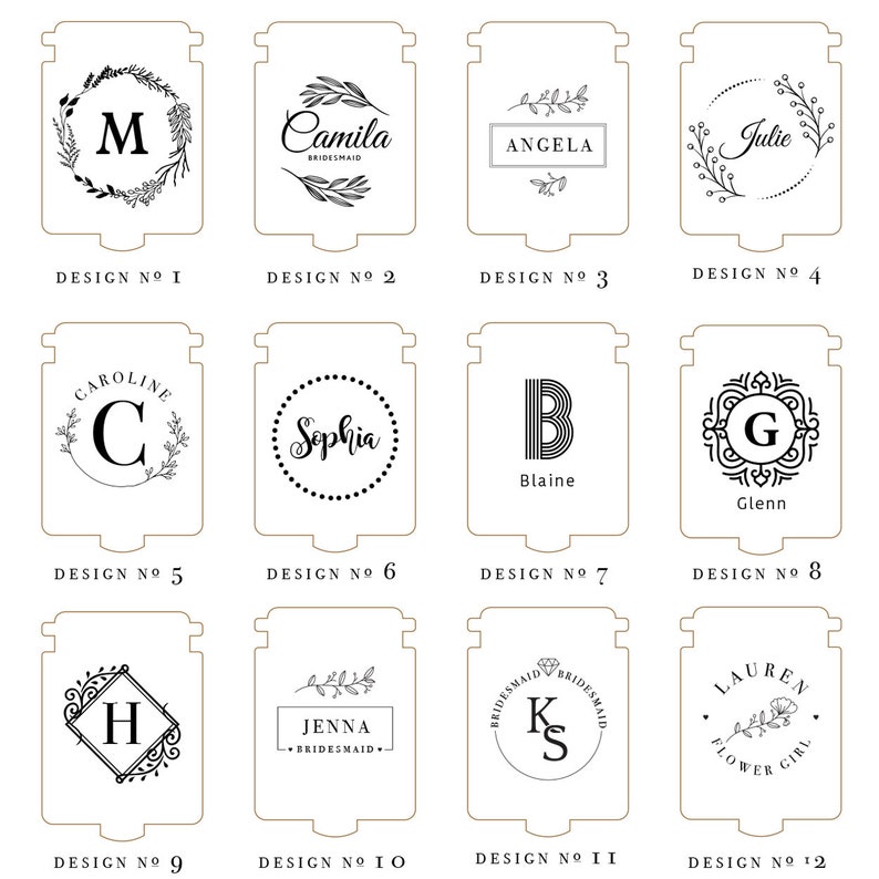 May include: A collection of twelve personalized wooden signs with various designs. Each sign features a unique combination of text, initials, and floral or decorative elements. The designs include names like "Camila" and "Angela", and initials like "M" and "G".