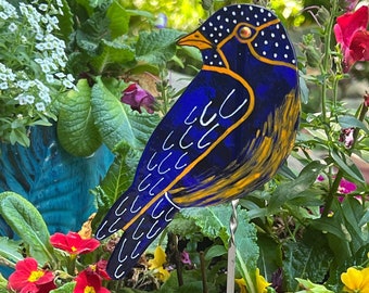 Garden Art, handpainted blue bird, fused glass