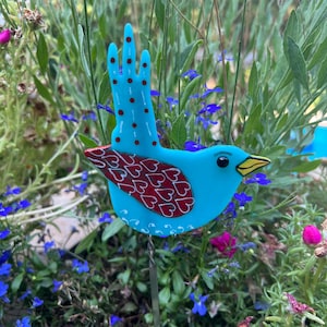 Garden Art,  blue and red fused glass bird, gardener gift