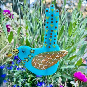 Garden Art, blue fused glass bird, gardener gift