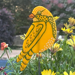 Garden Art, hand-painted bird, garden stake, Gardener gift