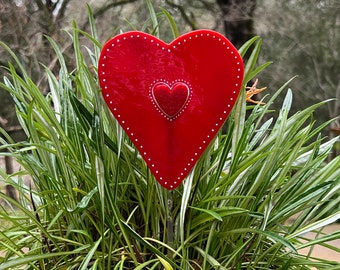 Fused glass, hand painted, red heart plant stake