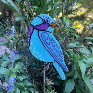 Garden Art, handpainted blue bird, fused glass