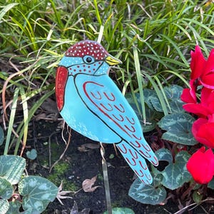 Garden Art, handpainted blue bird, fused glass