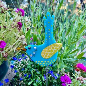 Garden Art, blue fused glass bird, gardener gift