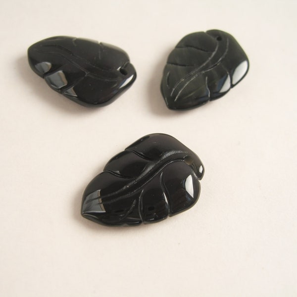 Natural obsidian beads in black leaf shape 25x17 mm for jewelry Sold individually