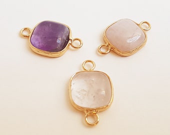 Square connector amethyst, rose quartz or transparent crystal and gold metal 21x13mm