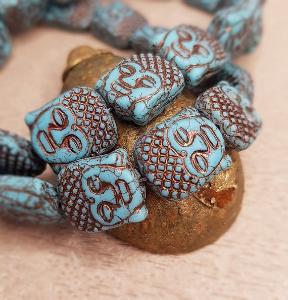 Set of 2 Beads in the Shape of a Buddha Head in Turquoise Blue and