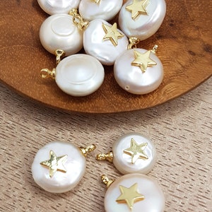 Mother-of-pearl shell pendant, natural freshwater pearl, white pastille and 18k gold-plated star 14~21x9~16x5~9mm