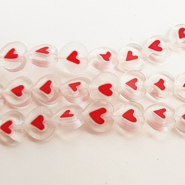 Perles coeur verre lampwork rouge et transparent 8x8x3mm Lot de 10 à 20 perles