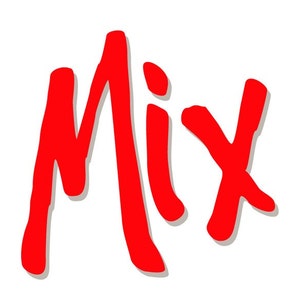 以下が含まれることがあります： 影の効果のある赤い手書きの単語「Mix」。
