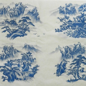 May include: A vintage blue and white Chinese-style wallpaper design featuring four different scenes of mountains, trees, and buildings. The design is printed on a white background.
