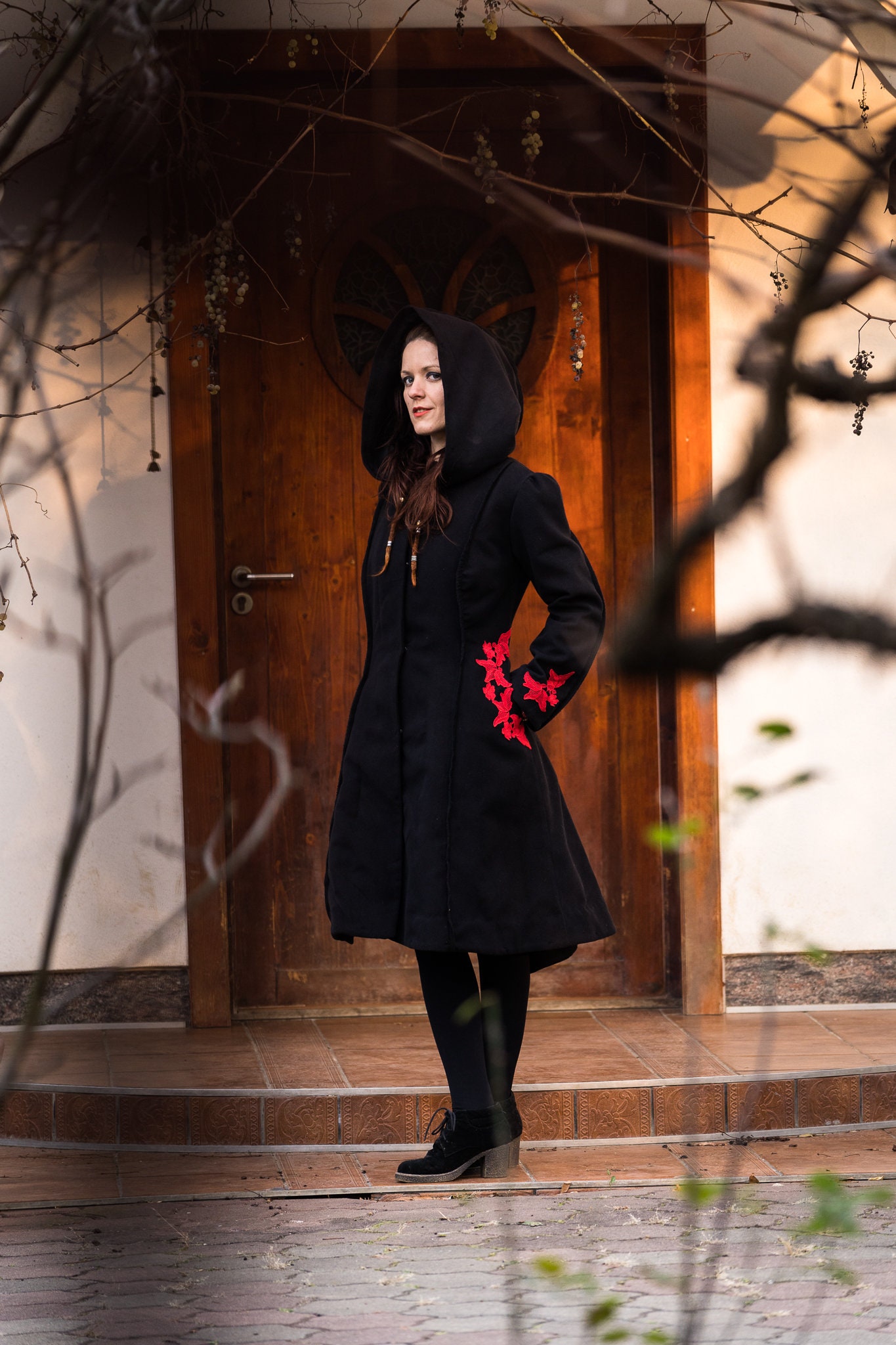 DimMoire Gothicワッペンジャケット Winter/ Fairy Gothic Victorian Wool Hooded Coat Leather/ Pagan