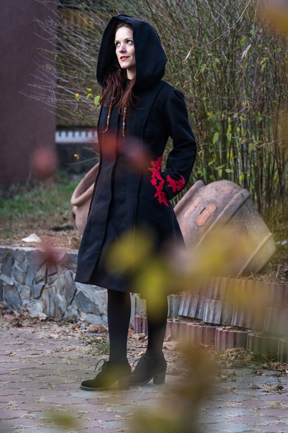 Winter/ Fairy Gothic Victorian Wool Hooded Coat Leather/ Pagan
