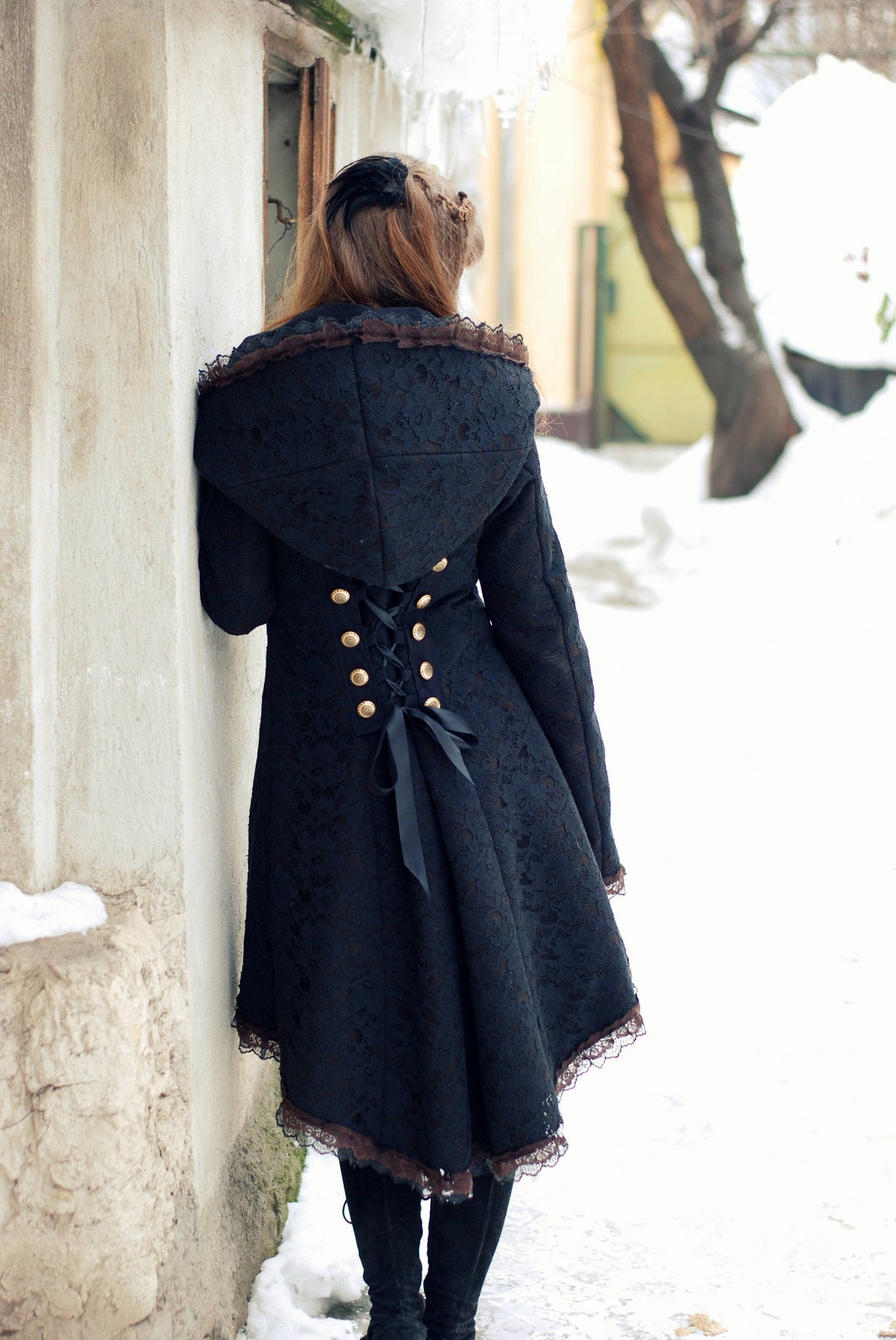 Gothic Fairy Victorian Hooded Coat With Lace and Corset Royal