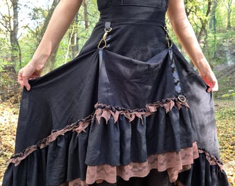 Gonna gotica in lino con corsetto e pizzo/ Metallo nero/ Strega/ Eleganza/ Matrimonio/ Halloween/ Cosplay/