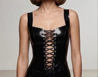 Latex Lace Up Front Top, tight up top, Crossed, Latex Top, Cosplay, Doll, Pirat, Bikers, Halloween, Costume, Bdsm, Fetish Dominatrix, Gothic